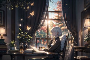 masterpiece, best quality, nice hands, perfect hands, 1girl, in_profile, pale, white skin, flat_chested, cozy, fall, autumn, coffee, falling leaves, window, sheer curtain, study table, evening, ghibli studio style,ghibli style, cinematic light, cinematic view, High detailed,Lofi, a soft smile,LinkGirl,kwon-nara

image, depict her in a unique pose that conveys her sense of adventure and enthusiasm. Create separate images for each pose, and make sure each one is set against a backdrop filled with the cosmic wonders of the universe, enhancing the vibrant atmosphere for each pose. These images should showcase the character's versatility and charm."girl sits on a comfortable cushion with a captivating book in her hands. Her large, expressive eyes reflect the words on the pages, and a soft smile plays on her lips as she gets lost in the world of the story. Her dress is neat and beautiful. The gold and silver-colored decorations are impressive.

The room around her is adorned with warm, orange light color, and the soft afternoon light gently spills onto the pages. She's surrounded by bookshelves filled with stories, creating an enchanting atmosphere perfect for a peaceful reading session. Golden lights or butterflies make space more beautiful.

As she turns the pages, the girl's curiosity and wonder come to life. The world of literature and the adventures within its pages are her cherished companions, making her reading moments truly magical."