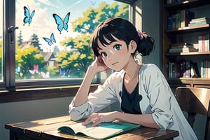 masterpiece, best quality, nice hands, perfect hands, 1girl, ghibli studio style,ghibli style.

butterflies, books, bookshelves, study table.

spring, positive things related to spring. ,highres