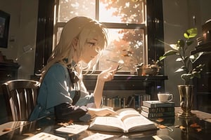 masterpiece, best quality, nice hands, perfect hands, 1girl, in_profile, pale, white skin, flat_chested, cozy, fall, autumn, coffee, falling leaves, window, sheer curtain, study table, evening, ghibli studio style,ghibli style, cinematic light, cinematic view, High detailed,Lofi, a soft smile,LinkGirl,kwon-nara

image, depict her in a unique pose that conveys her sense of adventure and enthusiasm. Create separate images for each pose, and make sure each one is set against a backdrop filled with the cosmic wonders of the universe, enhancing the vibrant atmosphere for each pose. These images should showcase the character's versatility and charm."girl sits on a comfortable cushion with a captivating book in her hands. Her large, expressive eyes reflect the words on the pages, and a soft smile plays on her lips as she gets lost in the world of the story. Her dress is neat and beautiful. The gold and silver-colored decorations are impressive.

The room around her is adorned with warm, orange light color, and the soft afternoon light gently spills onto the pages. She's surrounded by bookshelves filled with stories, creating an enchanting atmosphere perfect for a peaceful reading session. Golden lights or butterflies make space more beautiful.

As she turns the pages, the girl's curiosity and wonder come to life. The world of literature and the adventures within its pages are her cherished companions, making her reading moments truly magical."