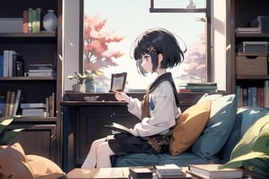 masterpiece, best quality, nice hands, perfect hands, 1girl, in_profile, pale, white skin, flat_chested, cozy, fall, autumn, coffee, falling leaves, window, sheer curtain, study table, evening, ghibli studio style,ghibli style, cinematic light, cinematic view, High detailed,Lofi, a soft smile,LinkGirl,kwon-nara

image, depict her in a unique pose that conveys her sense of adventure and enthusiasm. Create separate images for each pose, and make sure each one is set against a backdrop filled with the cosmic wonders of the universe, enhancing the vibrant atmosphere for each pose. These images should showcase the character's versatility and charm."girl sits on a comfortable cushion with a captivating book in her hands. Her large, expressive eyes reflect the words on the pages, and a soft smile plays on her lips as she gets lost in the world of the story. Her clothes are beautiful with shiny gold and silver.

The room around her is adorned with warm, orange light color, and the soft afternoon light gently spills onto the pages. She's surrounded by bookshelves filled with stories, creating an enchanting atmosphere perfect for a peaceful reading session.

As she turns the pages, the girl's curiosity and wonder come to life. The world of literature and the adventures within its pages are her cherished companions, making her reading moments truly magical."