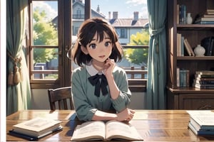 masterpiece, best quality, (detailed background:1.4), 8k wallpaper, 1 girl,  (detailed characters:1.3), nice hands, perfect hands, ghibli studio style,ghibli style, cozy,  High detailed, From the pelvis to the whole body

bookshelves, study table, sheer curtain, curtain, coffee, butterflies, large window, orange light color, Cats, plants, 

The room around her is adorned with warm, orange light color, and the soft afternoon light gently spills onto the pages. 
She creates a peaceful and fascinating atmosphere surrounded by bookshelves filled with stories.

girl sits on a comfortable cushion with a captivating book in her hand. Her large, expressive eyes reflect the words on the pages, and a soft smile plays on her lips as she gets lost in the world of the story.

Every book makes a perfect-shaped book. It only makes books that look horizontally.