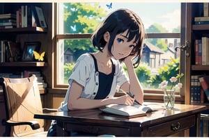 masterpiece, best quality, nice hands, perfect hands, 1girl, ghibli studio style,ghibli style.

butterflies, books, bookshelves, study table.

spring, positive things related to spring. ,highres