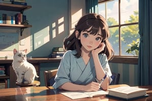 masterpiece, best quality, (detailed background:1.4), 8k wallpaper, 1 girl,  (detailed characters:1.3), nice hands, perfect hands, ghibli studio style,ghibli style, cozy,  High detailed, From the pelvis to the whole body

bookshelves, study table, sheer curtain, curtain, coffee, butterflies, large window, orange light color, Cats, plants, 

The room around her is adorned with warm, orange light color, and the soft afternoon light gently spills onto the pages. 
She creates a peaceful and fascinating atmosphere surrounded by bookshelves filled with stories.

girl sits on a comfortable cushion with a captivating book in her hand. Her large, expressive eyes reflect the words on the pages, and a soft smile plays on her lips as she gets lost in the world of the story.

Every book makes a perfect-shaped book. It only makes books that look horizontally.