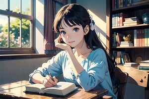 masterpiece, best quality, nice hands, perfect hands, 1girl, ghibli studio style,ghibli style.

butterflies, books, bookshelves, study table.

spring, positive things related to spring. ,highres