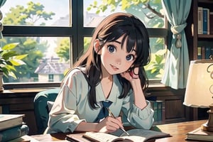 masterpiece, best quality, nice hands, perfect hands, 1girl, ghibli studio style,ghibli style, cozy, butterflies, a soft smile, High detailed, modern design,

books, bookshelves, study table, window, sheer curtain, coffee, 
spring, positive things related to spring. evening, 

The room around her is adorned with warm, orange light color, and the soft afternoon light gently spills onto the pages. She's surrounded by bookshelves filled with stories, creating an enchanting atmosphere perfect for a peaceful reading session. 

girl sits on a comfortable cushion with a captivating book in her hand. Her large, expressive eyes reflect the words on the pages, and a soft smile plays on her lips as she gets lost in the world of the story.

Display only books with perfect shapes.