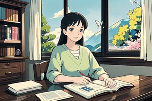 masterpiece, best quality, nice hands, perfect hands, 1girl, ghibli studio style,ghibli style.

butterflies, books, bookshelves, study table.

spring, positive things related to spring. 