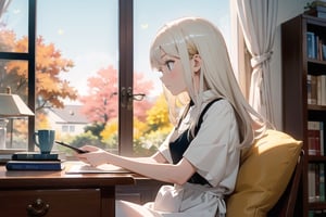 masterpiece, best quality, nice hands, perfect hands, 1girl, in_profile, pale, white skin, flat_chested, cozy, fall, autumn, coffee, falling leaves, window, sheer curtain, study table, evening, ghibli studio style,ghibli style, cinematic light, cinematic view, High detailed,Lofi, a soft smile,LinkGirl,kwon-nara

image, depict her in a unique pose that conveys her sense of adventure and enthusiasm. Create separate images for each pose, and make sure each one is set against a backdrop filled with the cosmic wonders of the universe, enhancing the vibrant atmosphere for each pose. These images should showcase the character's versatility and charm."girl sits on a comfortable cushion with a captivating book in her hands. Her large, expressive eyes reflect the words on the pages, and a soft smile plays on her lips as she gets lost in the world of the story. Her dress is neat and beautiful. The gold and silver-colored decorations are impressive.

The room around her is adorned with warm, orange light color, and the soft afternoon light gently spills onto the pages. She's surrounded by bookshelves filled with stories, creating an enchanting atmosphere perfect for a peaceful reading session. Golden lights or butterflies make space more beautiful.

As she turns the pages, the girl's curiosity and wonder come to life. The world of literature and the adventures within its pages are her cherished companions, making her reading moments truly magical."