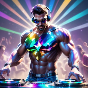 (Masterpiece, best quality, photorealism), (solo_male), (muscular male superhero), (he is made entirely of sparkling clear gemstone:1.4), multi-coloured lights refract around him, (very handsome:1.2), (masculine), (rugged), (Pictured playing DJ turntables:1.3), joyful emotion, vibrant tones, musical aesthetic, magic-realism elements, intricate textures, rainbow light spectrum effects