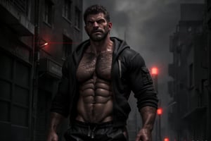 Sexy man, (incredibly handsome), (brooding demeanour), short brown hair, urban street wear, grey unzipped hoodie, revealing  huge chest, ((dark body hair)), (((very hairy))), Black cargo pants, looking directly forward with a menacing glare, dark hair, dark facial hair, short cropped beard, pale complexion, 4K, ultra HD, realistic, masterpiece, best quality, red glowing eyes,  portrait, muscular, vampire, horror, moody lighting 
