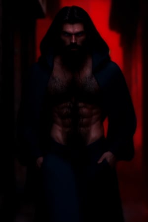 (Masterpiece, best quality, photo realistic), solo_male, (handsome alluring man:1.3), (dark hooded robe), (bare chest exposed:1.3), (pictured bathed in red light of a dark city alley:1.3), (powerful build), (long black hair:1.3), (short black beard:1.2), (sparkling blue eyes:1.3) masculine, (muscular build:1.3), magnetic, imposing, alluring, (very hairy chest:1.3), full body shot, highly realistic details, vibrant colours, fantastical mood 