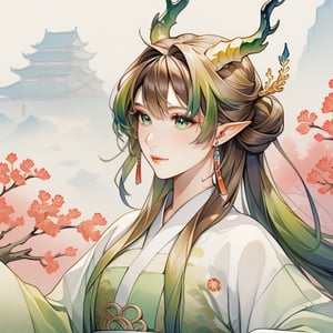 (masterpiece, high quality, 8K, high_res), let's create an abstract picture of a dragon woman in her 30s with ((brown hair)), (green eyes), hair in a half ponytail, coral horns, Hanfu, spring, intricate, detailed face, pastel colors, dynamic pose, elegant, hair ornament, hairpin, castle indoors,  SIMPLE BACKGROUND, dynamic pose, small chest,portrait art style, intricate composition, a combination of realism and post-modernism, portrait art, artint, dynamic pose, simple background,green IncursioDipDyedHair