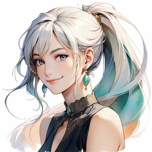 (masterpiece, high quality, 8K, high_res), let's create an abstract picture of a beautiful woman with very long white HAIR in a ponytail with bangs, grey eyes, of a breathtakingly beautiful that conveys a sense of trickery and mischievousness, elegant black sleeveless shirt, slight smiling face, smug smile, closed mouth, impish smile, medieval, goddess, pastel colors, rough strokes, intricate composition, a combination of realism and post-modernism, portrait art, artint, dynamic pose, simple background in cool colors, small white earrings,