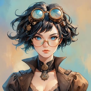 (masterpiece, high quality, 8K, high_res), let's create an abstract picture of a beautiful sexy woman with short black HAIR AND light blue EYES, of a breathtakingly beautiful that conveys a sense of female charm and intelligence, nymph, mature face, fantasy medieval, an steampunk clothing, simple googles worn on head, pastel colors, rough strokes, intricate composition, a combination of realism and post-modernism, portrait art, artint, dynamic pose,