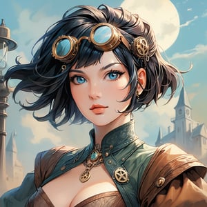 (masterpiece, high quality, 8K, high_res), let's create an abstract picture of a beautiful sexy woman with short black HAIR AND light blue EYES, of a breathtakingly beautiful that conveys a sense of female charm and intelligence, nymph, mature face, fantasy medieval, an steampunk clothing, simple googles worn on head, pastel colors, rough strokes, intricate composition, a combination of realism and post-modernism, portrait art, artint, dynamic pose,