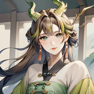 (masterpiece, high quality, 8K, high_res), let's create an abstract picture of a dragon woman in her 30s with ((brown hair)), (green eyes), long lose hair coral horns, Hanfu, spring, intricate, detailed face, pastel colors, dynamic pose, elegant, hair ornament, hairpin, castle indoors,  SIMPLE BACKGROUND, dynamic pose, small chest,portrait art style, intricate composition, a combination of realism and post-modernism, portrait art, artint, dynamic pose, simple background,green IncursioDipDyedHair