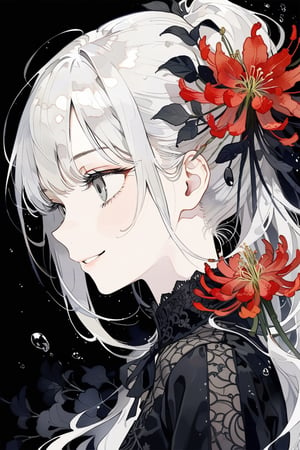 From side, long white hair in a ponytail withs bangs, grey eyes, goddess, sly smile, [spider lily flowers], black elaborate shirt, masterpiece, best quality,aesthetic,dark art,black background ,more detail XL, water,