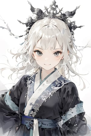 bust of a mature halfling woman in black robes with white hair in a ponytail, grey eyes, threatening eyes, sly smile, dressed in traditional chinese robes, Chinese new Year, elaborate headpiece, elaborate Hanfu, masterpiece, best quality,aesthetic,dark art,more detail XL, HanFu