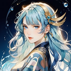 (masterpiece, high quality, 8K, high_res), let's create an abstract picture of a mature woman in her 30s with ((blue hair)), parted bangs,  (blue eyes), Japanese inspired, intricate, detailed face, pastel colors, dynamic pose, elegant, gold hair ornament, hairpin,  SIMPLE BACKGROUND, dynamic pose, small chest,portrait art style, intricate composition, a combination of realism and post-modernism, portrait art, artint, dynamic pose, simple background, dark blue IncursioDipDyedHair,1girl,whimsical,multicolored hair,jewelry, water motif,