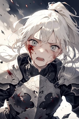 long white hair in a ponytail with bangs, grey eyes, look of shock and dispair, tears in eyes, tragedy, dressed in delicate leather armor, battlefield, black robes, masterpiece, best quality,aesthetic,dark art,blood on face, wounds on face, more detail XL, desperation,