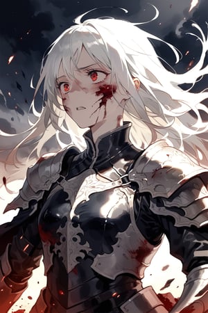 long white hair, red eyes, mature face, look of shock and dispair, tragedy, dressed in fantasy leather armor, battlefield, black robes, masterpiece, best quality,aesthetic,dark art,blood on face, wounds, more detail XL, desperation,