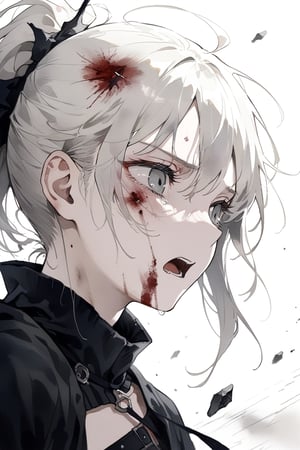 white hair in a ponytail with bangs, grey eyes, look of shock and dispair, battlefield, black robes, masterpiece, best quality,aesthetic,dark art,blood on face, wounds, more detail XL, desperation, tears in eyes,