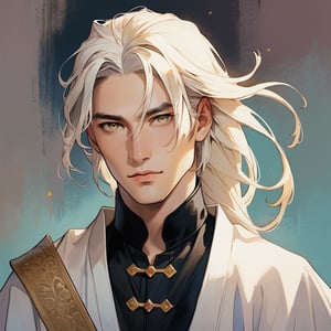 (masterpiece, high quality, 8K, high_res), let's create an abstract picture of a handsome man with very long white yellow HAIR in a low ponytail with bangs, yellow EYES, of a breathtakingly beautiful that conveys a sense of great power, majesty, black shirt, regal, closed mouth, medieval, Asian-inspired clothes, pastel colors, rough strokes, intricate composition, a combination of realism and post-modernism, portrait art, artint, dynamic pose, fantasy, simple shaded background in cool tones,