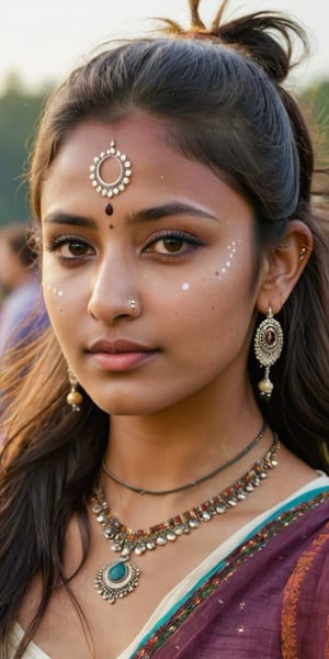 Generate hyper realistic image of 18-year-old indian woman with a captivating birthmark in the shape of a crescent moon on her forehead, adorned in bohemian clothing, dancing freely at a music festival set in a sunlit meadow.Extremely Realistic, up close, 