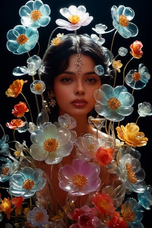 a side portrait of an attractive indian woman surrounded by flowers made of glass, wearing a elegnat dress made of transparent glass flowers, transparent flower, glass flower, filled with flowers, full of flowers, flower bed (close up shot 1:1) alluring pose, glass statue, attractive pose, epic pose, shot from below, perspective view, dynamic angle, dynamic pose, fashion editorial photography, master piece, hyper realistic, real skin, natural light, wall made of glass flowers, wall filled with flowers made of glass, dreamy, surreal, enchanting, back lit photography, dramatic lighting, high contrast, studio photography, portrait photography,Transparent Glass Flowers