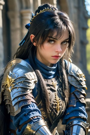 European style, fantasy, solo, cute girl, knight outfit,black & silver long hair, battle, faithing, enemy, ruins, (masterpiece), (best quality), (ultra-detailed), (an extremely delicate and beautiful), ((textile shading)), (caustics), (((sharp focus))),photography, cute girl,blue eyes, black hair, gem, gold,
ultra realistic,uhd,8k,real life,close up,full_body,looking_at_viewer,neon,((knee level angle,front)),yx-hd