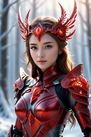 ultra realistic, best quality, cinematic, ultra detailed picture of beautiful cute friendly female wearing an intricate form-fitting red winter outfit with glowing fractal elements, armor love goddes,enchanted snowy landscape, outdoors, winter, sharp focus, work of beauty and complexity invoking a sense of magic and fantasy, 8k UHD, colorful aura, glowing,framing: (ground level angle, frontal), (((smooth lips, closeup)))