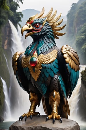 photography of a giant Garuda bird standing on a stone ball showing a map of Indonesia, strong, sturdy body with big muscles, golden white Garuda wings, close up,lightning and lightning effects, golden eyes, fog, background of waterfalls and rivers from the mountains, facial patterns, tattoos, fire, sunlight, Sanskrit, Makeup, More Detail,open mouth,Very Realistic, close up,looking at the viewer,framing ((knee level angle,frontal)),yx-hd,more detail XL