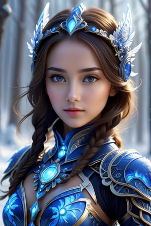 ultra realistic, best quality, cinematic, ultra detailed picture of beautiful cute friendly female wearing an intricate form-fitting cobalt winter outfit with glowing fractal elements, armor love goddes,enchanted snowy landscape, outdoors, winter, sharp focus, work of beauty and complexity invoking a sense of magic and fantasy, 8k UHD, colorful aura, glowing,framing: (ground level angle, frontal), (((smooth lips, closeup)))