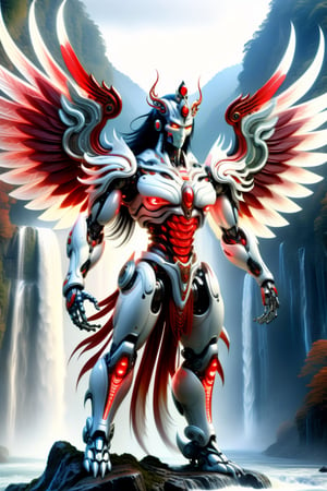 [a merger between a big winged garuda, cyborg face] and [a white and red lighting translucent phantom ] robo, stocky and strong body, big muscles, long black hair, with a Majapahit royal crown from Indonesia, standing pose with his back to the camera on the top of a mountain, rear view, ((background of a river, waterfall of a mountain)), frostracetech,robot,more detail XL, humanoid cyborg style, framing: ground level,frontal,full_body,DonMM4g1cXL 