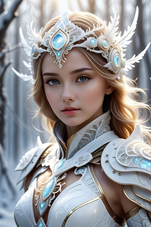 ultra realistic, best quality, cinematic, ultra detailed picture of beautiful cute friendly female wearing an intricate form-fitting white winter outfit with glowing fractal elements, armor love goddes,enchanted snowy landscape, outdoors, winter, sharp focus, work of beauty and complexity invoking a sense of magic and fantasy, 8k UHD, colorful aura, glowing,framing: (ground level angle, frontal), (((smooth lips, closeup)))