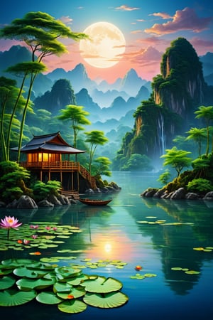 (masterpiece),(best quality),(very detailed),(best illustration),(best shadow),(very smooth and beautiful),(waterfall),(Giant banyan tree), (wooden boat), (bamboo bridge), (dynamic angle), (a house in the middle of an island under a big tree, lake and mountain background, very clear water, very bright night atmosphere by a perfect full moon), (big mountains) , clouds under beautiful treetops, twilight time, water lilies on the lake blooming, ( lotus flowers), lush plants, moonlight shining through white clouds, bold colors, (very realistic), (detailed light), feathers , (nature), (sunlight), (beautiful and gentle water), (The water is so clear that you can see the fish and rocks in it)(painting),(sketch),(blooming),(shining), (( high resolution)) ,((high contrast ratio)), ((high detail))( (high texture)), ((real high quality figure texture)), ((ultra high quality)), golden ratio, captured by camera hasselblad