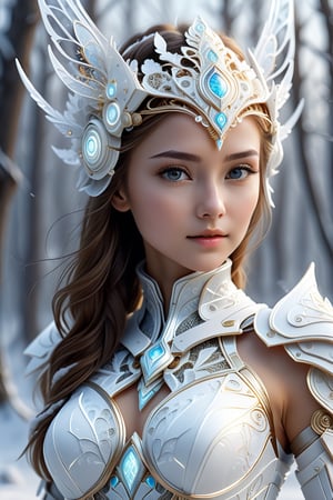 ultra realistic, best quality, cinematic, ultra detailed picture of beautiful cute friendly female wearing an intricate form-fitting  white winter outfit with glowing fractal elements, armor love goddes,leging,enchanted snowy landscape, outdoors, winter, sharp focus, work of beauty and complexity invoking a sense of magic and fantasy, 8k UHD, colorful aura, glowing,framing: (ground level angle, frontal), (((smooth lips,)))