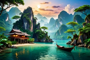 (masterpiece),(best quality),(very detailed),(best photography),(best shadow),(very delicate and beautiful),(waterfall),(giant banyan tree), (wooden boat), (bamboo bridge) ,(dynamic angle), ((simple hut house in the middle of the island under a big tree)),((the island forms a small mountain)),((the water is very clear, the night is very clear with a perfect lightning)), ( big mountain), clouds under beautiful treetops, dusk time, water lilies on the lake blooming, (lotus flowers), lush plants, bold colors, (very realistic), (detailed light ),feathers, (nature), (beautiful and soft water), (The water is so clear that you can see the fish and rocks in it)(painting),(sketch),(bloom), ((high resolution)) ,((high contrast ratio) ), ((high detail))( (high texture)), ((real high quality image texture)), ((very high quality)), golden ratio, captured by camera hasselblad