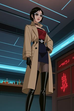 score_9,score_8_up,score_7_up,source_resident_evil_2,mulan as ada wong,solo, (brown trenchcoat,thigh boots,black pantyhose,black gloves,sunglasses),serious,shows middle finger,hand on hip,indoors,cyberpunk,sci-fi,futuristic,night,dark,bar,low-angle_shot,official anime screenshot,official anime screencap,source_anime,dcaustyle