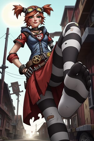 score_9, score_8_up, score_7_up,source_anime,borderlands2,gaigebl2, goggles on head, twintails, freckles, bandaid on face, single mechanical arm, choker, gloves, belt, skirt, striped pantyhose, hood, necklace, torn clothes,evil smug,looking down,hand on hip,standing on one leg,presenting foot,foot focus,outside,garage,back lighting,low-angle_shot,official anime screenshot,official anime screencap,epic,detailed,Anime screencap,finetuneanime