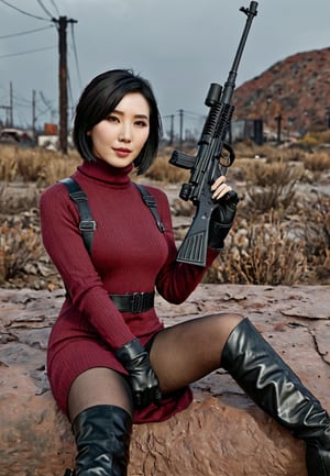 ((((Fallout_4_style)))), 24yo chinese girl Li Bingbing with BLACK asymmetrical blunt bobcut and (black eyeshadow), wearing (burgundy turtleneck sweater dress) with ((black_harness)), ((((black nylon pantyhose)))) under, (((long Black leather thighhigh boots))), she holds a (((Assault Rifle))), sitting in apocalyptic ((wastecity)), smirk, hypnosis gaze, nighttime, haze, perfect composition, epic, rtx on, UHD, 32K, photorealistic, ((natural realistic skin tone and texture)). Fallout_4_logo