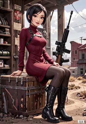((((Fallout_4_style)))), 24yo Ada Wong with BLACK asymmetrical blunt bobcut and (black eyeshadow), wearing (burgundy turtleneck sweater dress) with ((black_harness)), ((((black nylon pantyhose)))) under, (((long Black leather thighhigh boots))), she holds a (((Assault Rifle))), sitting in apocalyptic ((wastecity)), smirk, hypnosis gaze, nighttime, haze, perfect composition, epic, rtx on, UHD, 32K, photorealistic, ((natural realistic skin tone and texture)). Fallout_4_logo,disney pixar style