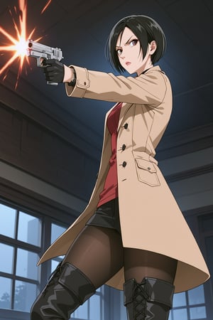 score_9,score_8_up,score_7_up,source_resident_evil_2,ada wong,solo, (brown trenchcoat,thigh boots,black pantyhose,black gloves,sunglasses,one handgun),serious,action shot,gunshot,dynamic_pose,action_pose,indoors,horror_themed,dark,night,dark atmosphere,spooky,viewed_from_side,low-angle_shot,official anime screenshot,official anime screencap,source_anime