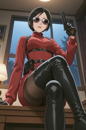 score_9,score_8_up,score_7_up,ada wong,solo, (burgundy sweater,thigh boots,black pantyhose,holster,harness,black gloves,sunglasses,handgun),evil smug,crossed_legs_(sitting),indoors,window,horror_themed,dark,night,dark atmosphere,spooky,low-angle_shot,from below,official anime screenshot,official anime screencap,source_hentai