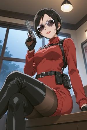 score_9,score_8_up,score_7_up,ada wong,solo, (burgundy sweater,thigh boots,black pantyhose,holster,harness,black gloves,sunglasses,handgun),evil smug,crossed_legs_(sitting),indoors,window,horror_themed,dark,night,dark atmosphere,spooky,low-angle_shot,from below,official anime screenshot,official anime screencap,source_hentai