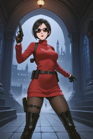 score_9, score_8_up, score_7_up, source_resident_evil_4,1girl,solo, ada wong, (burgundy sweater, thigh boots, black pantyhose, sunglasses,holster, black gloves,handgun),inside castle, action_pose, horror themed, dark,night,fog