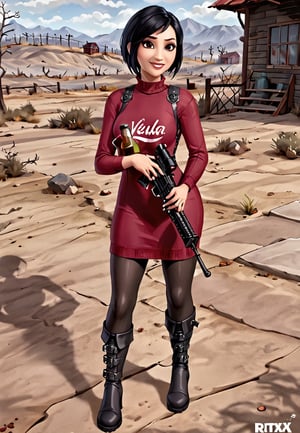 ((((Fallout_4_style)))), 24yo Ada Wong with BLACK asymmetrical blunt bobcut and (black eyeshadow), wearing (burgundy turtleneck sweater dress) with ((black_harness)), ((((black nylon pantyhose)))) under, (((long Black leather thighhigh boots))), Holding , Assault Rifle, in apocalyptic ((wastecity)), Nuka_Cola_Bottle, Vault Tec, smile, hypnosis gaze, haze, perfect composition, epic, rtx on, UHD, 32K, photorealistic, ((natural realistic skin tone and texture)). Fallout_4_logo,disney pixar style,fallout,score_9