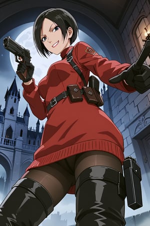 score_9,score_8_up,score_7_up,source_resident_evil_4,ada wong,solo, (burgundy_sweater,thigh boots,black pantyhose,holster,harness,black gloves,handgun),smug,pointing handgun,presenting_foot,action, action_pose,inside_castle,horror_themed,dark,night,fog,viewed_from_side,low-angle_shot,official anime screenshot,official anime screencap,source_anime