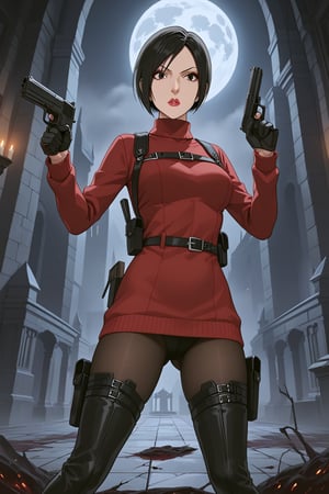 score_9, score_8_up, score_7_up, source_resident_evil_4,1girl,solo, ada wong, (burgundy sweater, thigh boots, black pantyhose, sunglasses,holster, black gloves,handgun),inside castle, action_pose, horror themed, dark,night,fog