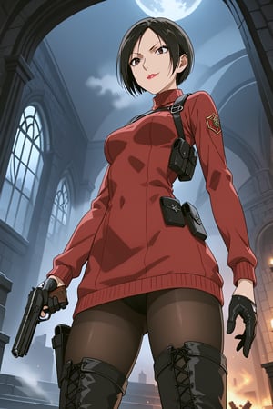 score_9,score_8_up,score_7_up,soutce_resident_evil_4,ada wong,solo, (burgundy_sweater,thigh boots,black pantyhose,holster,harness,black gloves,one handgun),smug,pointing handgun,action, action_pose,inside_castle,horror_themed,dark,night,fog,viewed_from_side,low-angle_shot,official anime screenshot,official anime screencap,source_anime