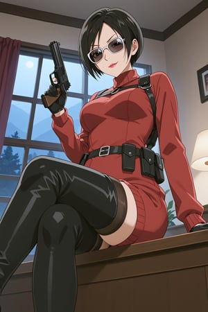 score_9,score_8_up,score_7_up,ada wong,solo, (burgundy sweater,thigh boots,black pantyhose,holster,harness,black gloves,sunglasses,handgun),evil smug,crossed_legs_(sitting),indoors,window,horror_themed,dark,night,dark atmosphere,spooky,low-angle_shot,from below,official anime screenshot,official anime screencap,source_hentai